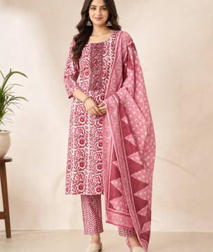 Women's Pink Floral Cotton Kurta Set with Printed Trousers & Matching Dupatta