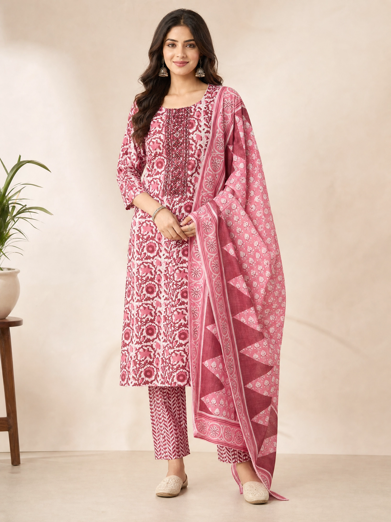 Women's Pink Floral Cotton Kurta Set with Printed Trousers & Matching Dupatta