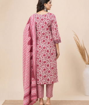Women's Pink Floral Cotton Kurta Set with Printed Trousers & Matching Dupatta