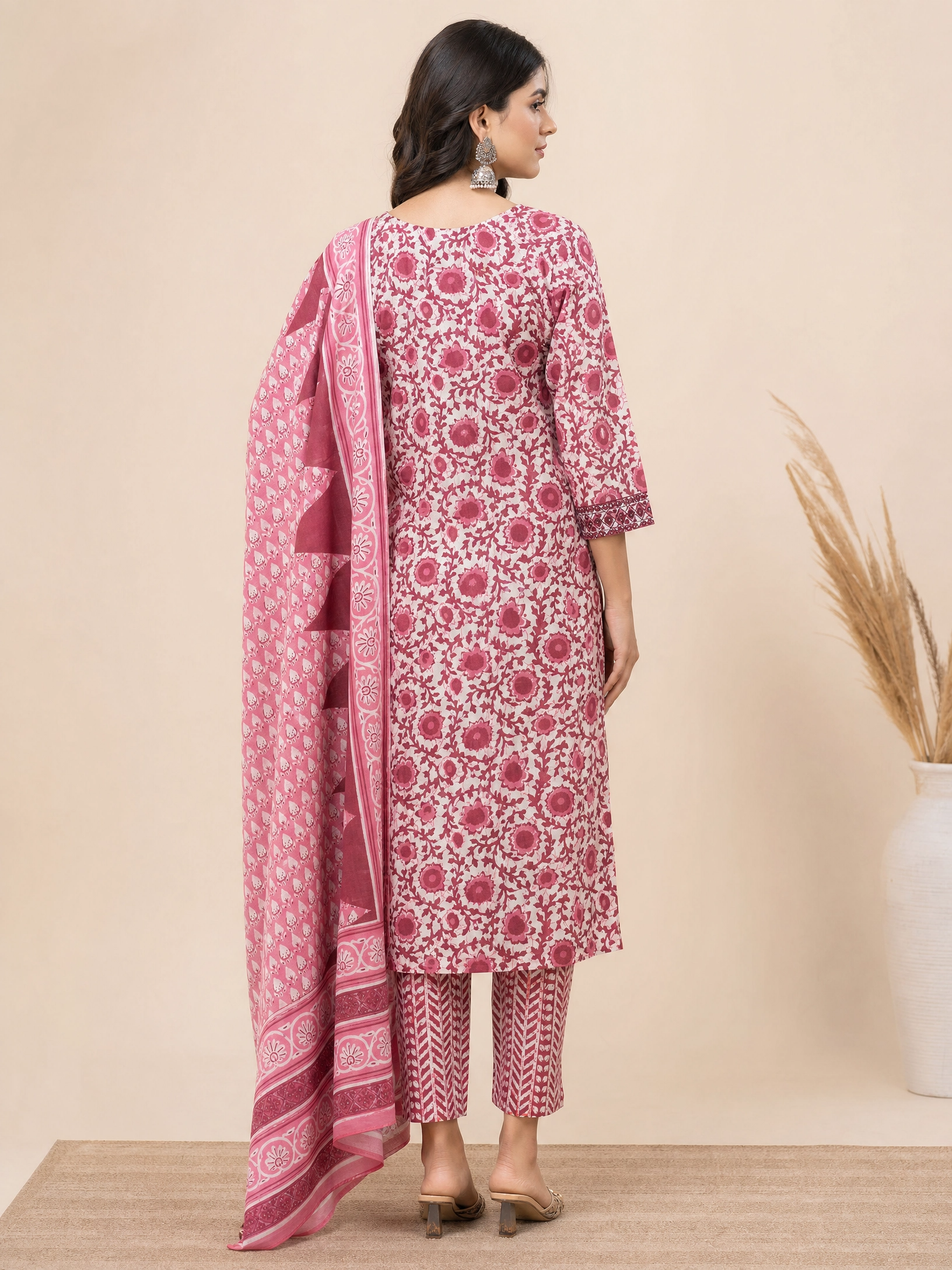 Women's Pink Floral Cotton Kurta Set with Printed Trousers & Matching Dupatta