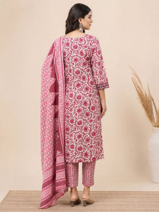 Women's Pink Floral Cotton Kurta Set with Printed Trousers & Matching Dupatta