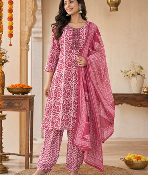 Women's Pink Floral Cotton Kurta Set with Printed Trousers & Matching Dupatta