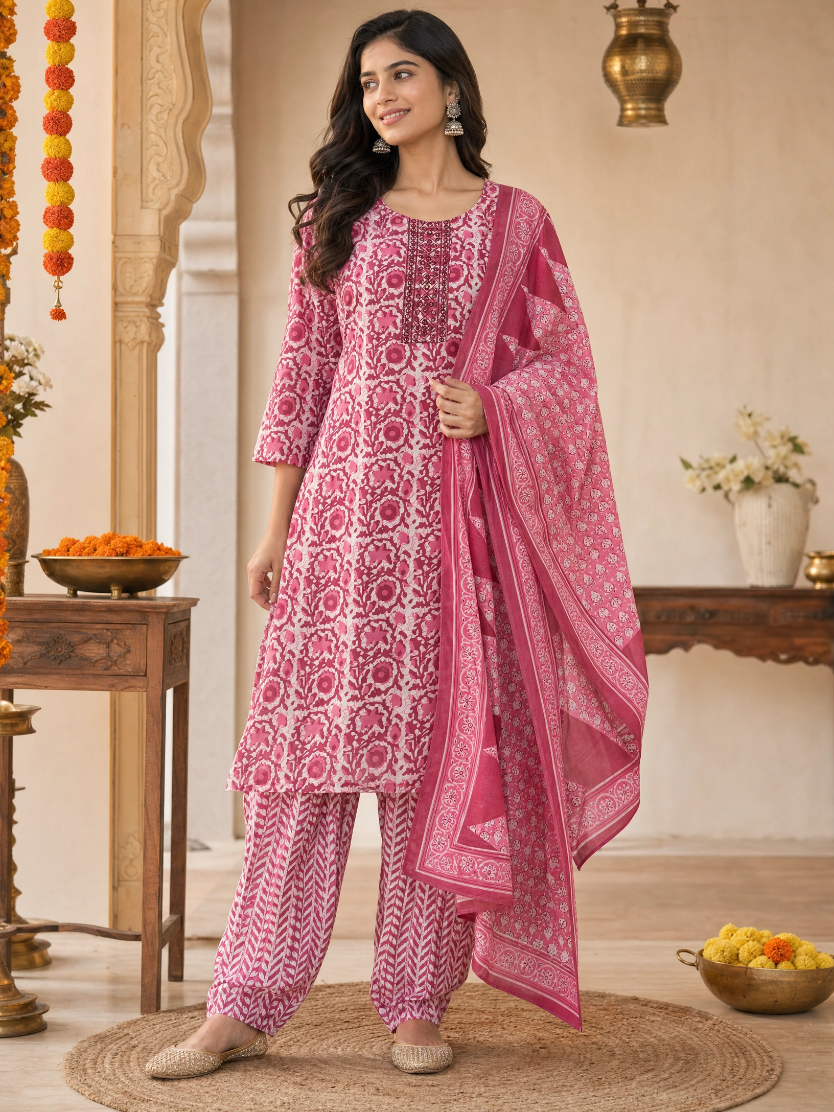 Women's Pink Floral Cotton Kurta Set with Printed Trousers & Matching Dupatta