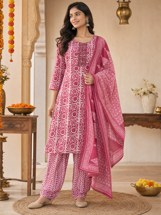 Women's Pink Floral Cotton Kurta Set with Printed Trousers & Matching Dupatta