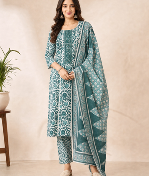 Teal Bloom: Hand-Embroidered Kurta Set with Chevron Trousers
