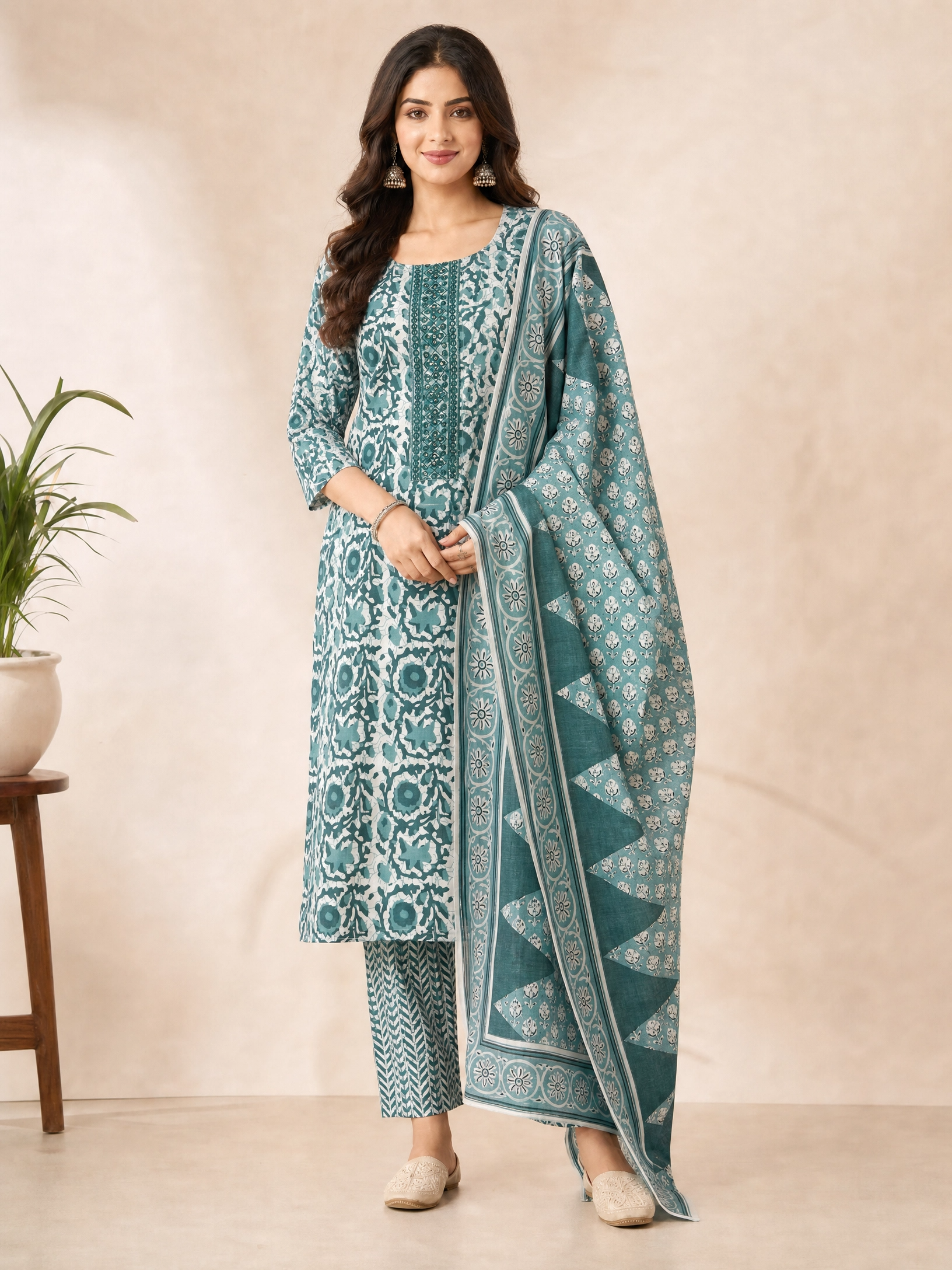 Teal Bloom: Hand-Embroidered Kurta Set with Chevron Trousers