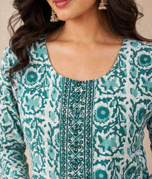 Teal Bloom: Hand-Embroidered Kurta Set with Chevron Trousers