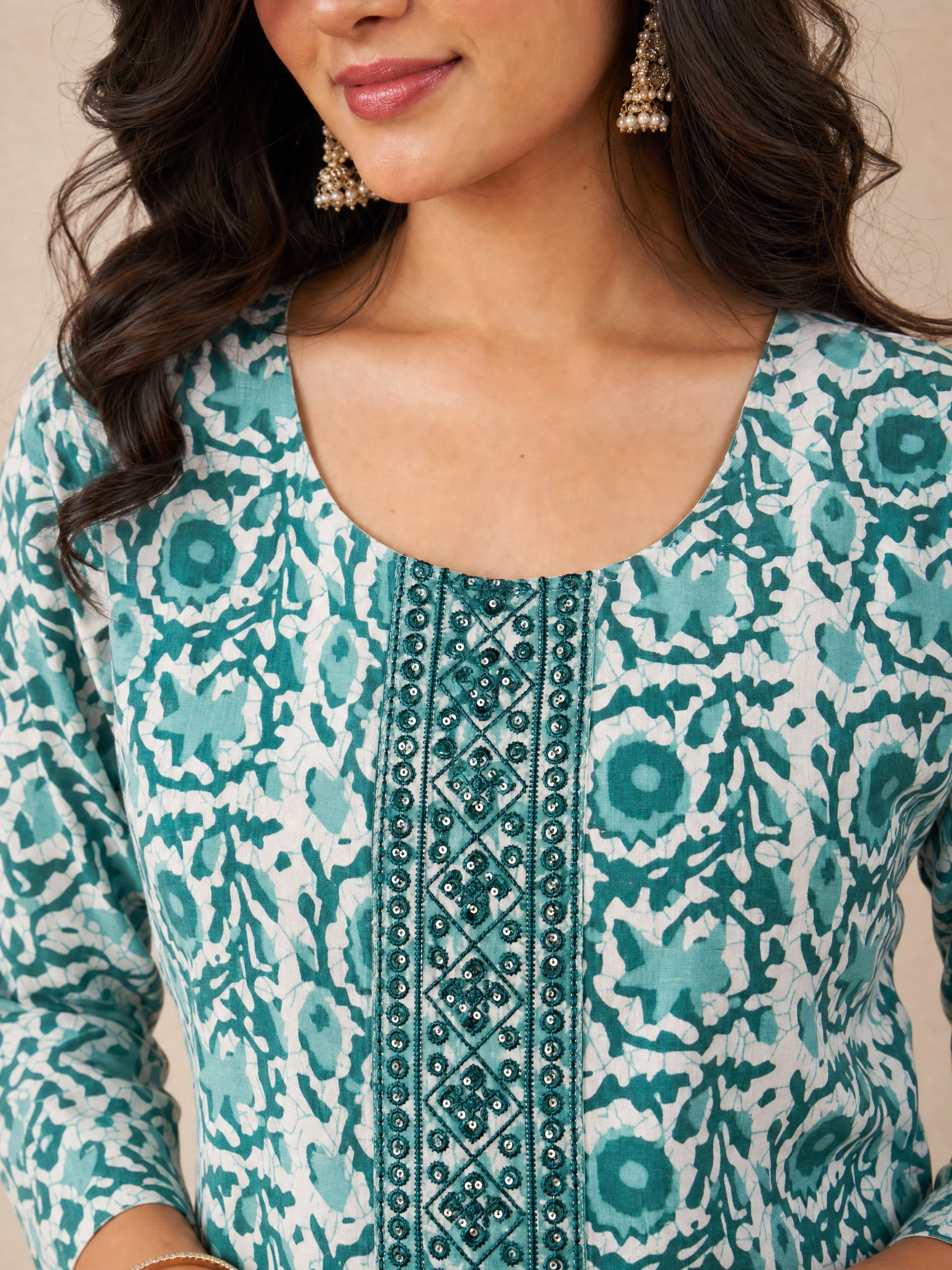 Teal Bloom: Hand-Embroidered Kurta Set with Chevron Trousers