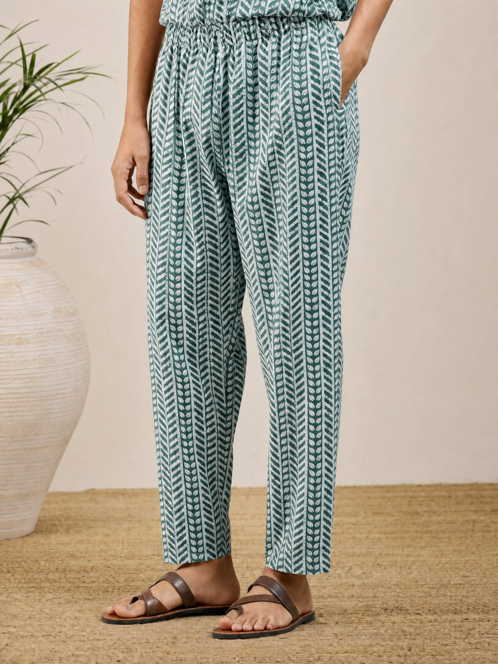 Teal Bloom: Hand-Embroidered Kurta Set with Chevron Trousers