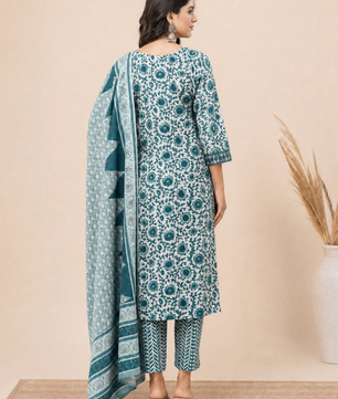 Teal Bloom: Hand-Embroidered Kurta Set with Chevron Trousers
