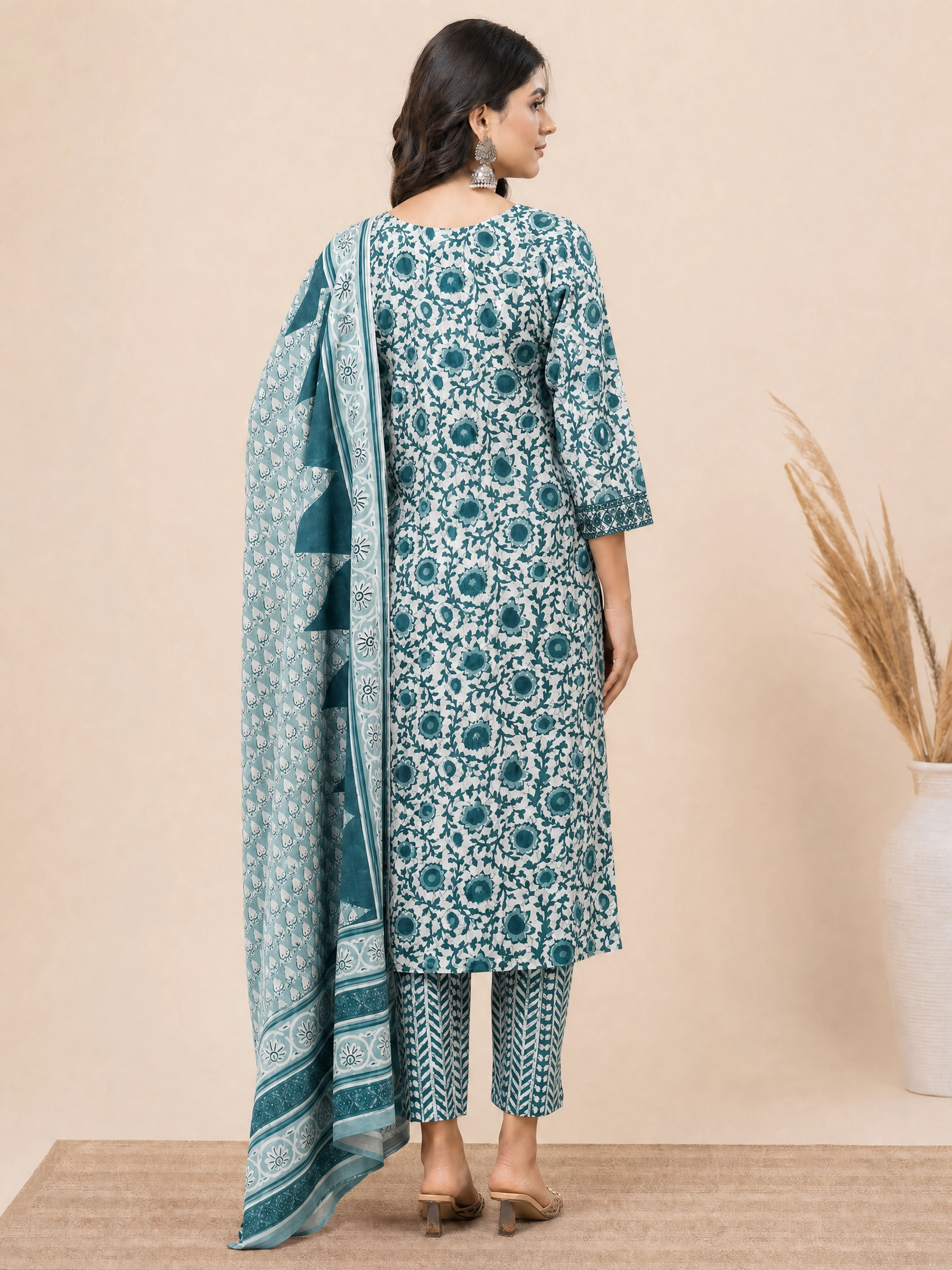 Teal Bloom: Hand-Embroidered Kurta Set with Chevron Trousers