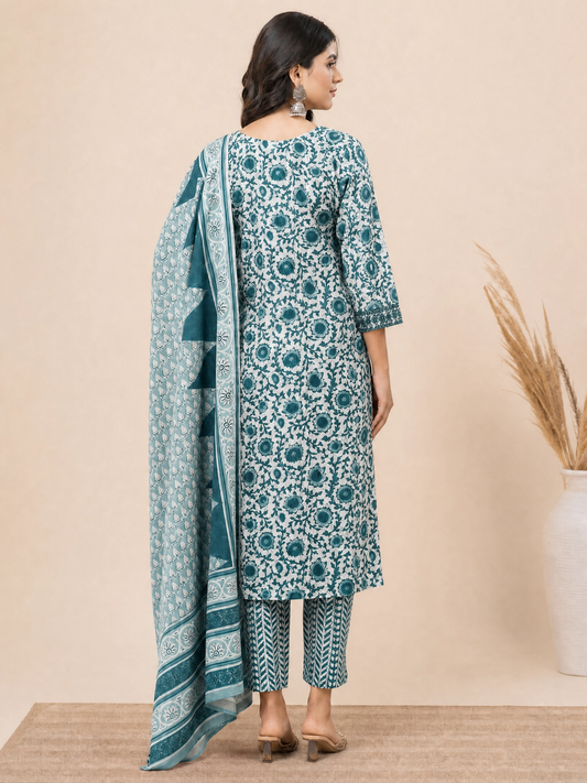 Teal Bloom: Hand-Embroidered Kurta Set with Chevron Trousers