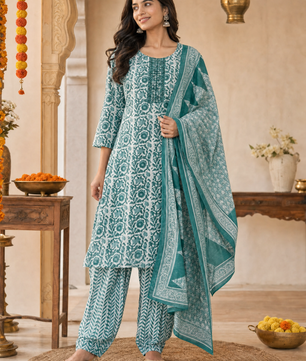 Teal Bloom: Hand-Embroidered Kurta Set with Chevron Trousers