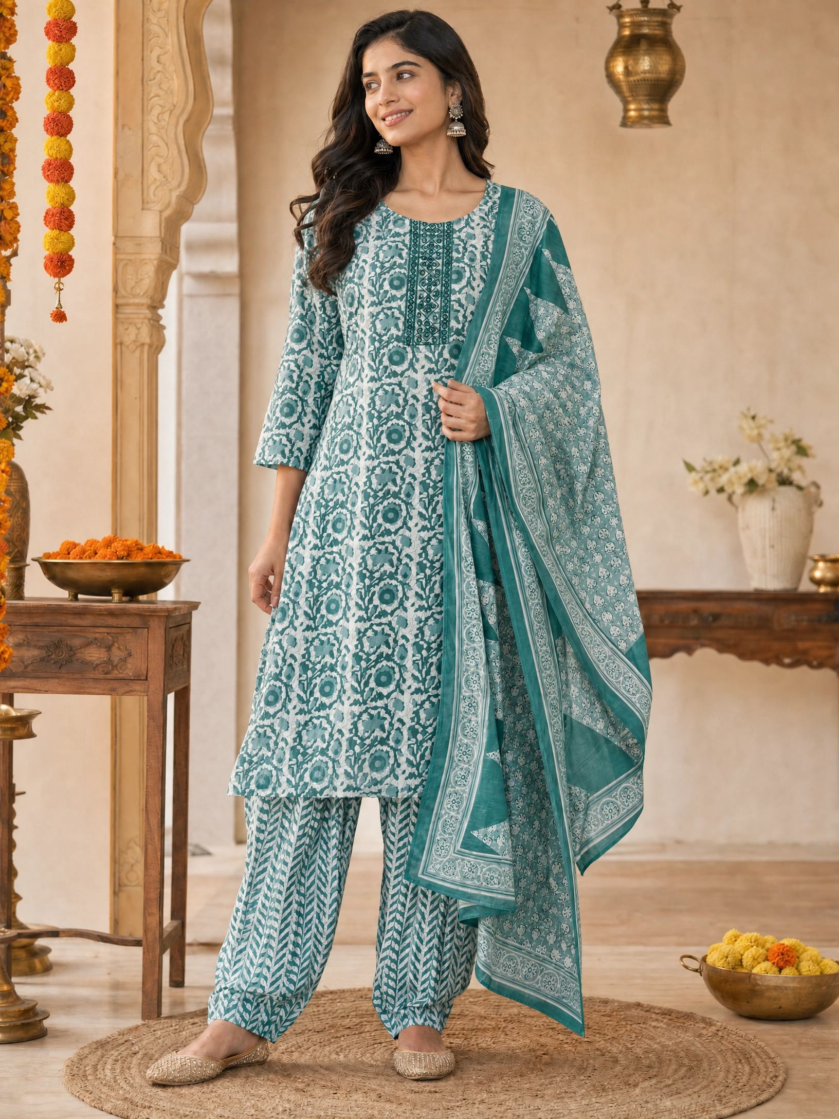 Teal Bloom: Hand-Embroidered Kurta Set with Chevron Trousers