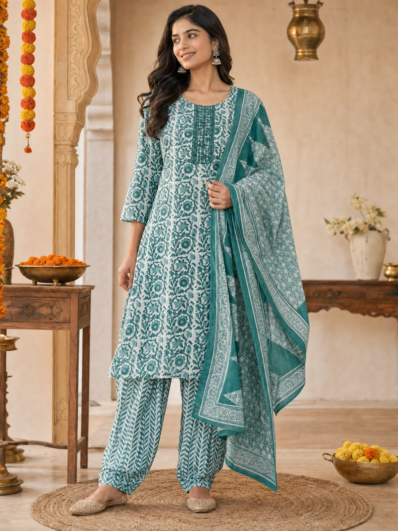 Teal Bloom: Hand-Embroidered Kurta Set with Chevron Trousers